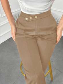 Pantalones elegantes de mujer con pierna recta, cintura suelta y detalles de botones para otoño/invierno - Marrón - Ver 8