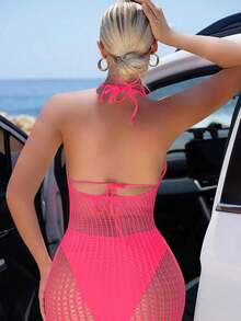 Swim  Vestido de encubrimiento sin mangas con cuello halter para mujeres para vacaciones de verano en la playa con apliques huecos - Rosa Fucsia - Ver 2