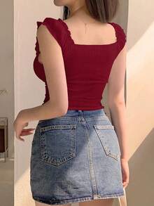 Top sin mangas de verano para mujer, de unicolor, con cuello de corazón fruncido, para salir - Burdeos 2 - Ver 4