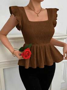 de mujer con cuello Peter Pan, mangas cortas y cintura ceñida, adecuada para el Día de San Valentín, días festivos y citas - Marrón - Ver 3