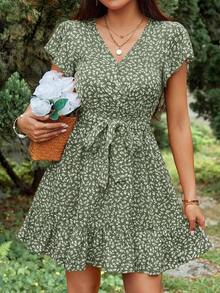 Estampado Floral Con Cinturón Para Mujer De Verano - Verde - Ver 6