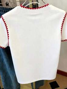 Camiseta gráfica para mujer, nuevo diseño de verano, blanca con bordado de corazón rojo y diente de perro, para uso al aire libre, estilo callejero, uso casual, citas, camiseta de manga corta para mujer - Blanco 3 - Ver 2