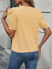 Selamara Camiseta casual de verano para mujer, de unicolor, cuello redondo y manga abullonada - Amarillo - Ver 2