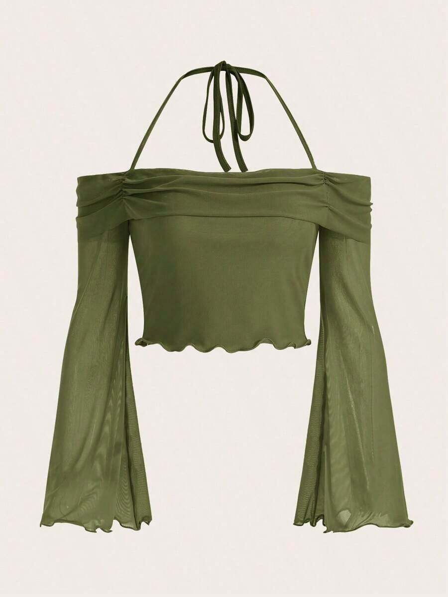 Top crop unicolor de cuello halter de manga con volante - Verde militar - Ver 1