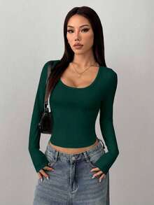 Camiseta de manga larga de ajuste ceñido de unicolor y cuello redondo para mujer, adecuada para verano y otoño/invierno, top azul marino, top de manga larga azul, top azul para mujer, tops ajustados para mujer, top de cuello de pico para mujer - Verde Oscuro - Ver 5