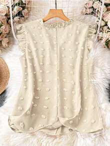 Blusa sin mangas de talla grande para vacaciones casuales con parches de puntitos suizos de mezcla de estilos y dobladillo con volantes - Albaricoque - Ver 2
