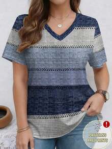 Camiseta casual de manga corta con cuello en V, de talla grande, con estampado de rayas patchwork - Multicolor 7 - Ver 1