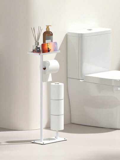 1pc White/Black Toilet Paper Holder With Phone Stand And Storage Tray, Holds 3 Spare Rolls, Freestanding Toilet Paper Dispenser, Bathroom Accessory