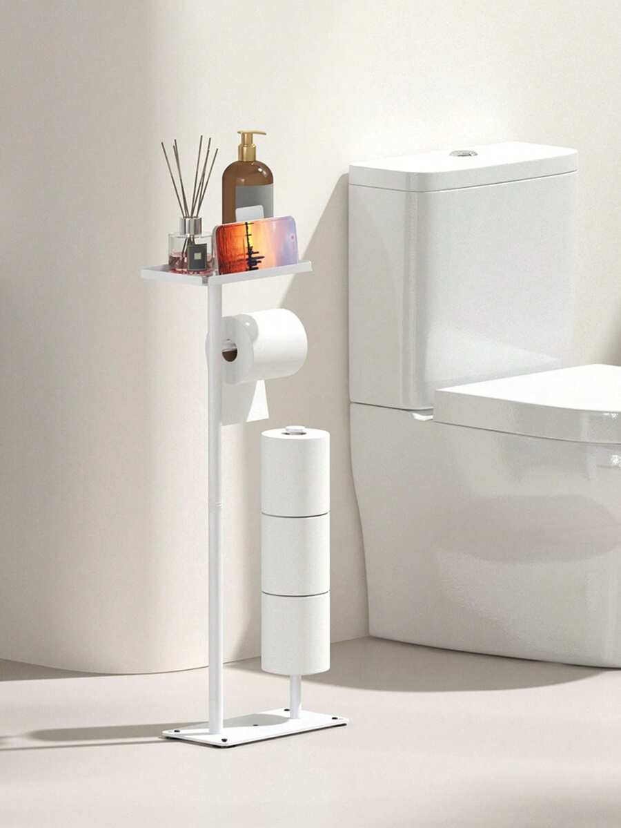 1 pieza Soporte de papel higiénico blanco/negro con soporte para teléfono y bandeja de almacenamiento, sostiene 3 rollos de repuesto, dispensador de papel higiénico independiente, accesorio de baño - Multicolor - Ver 1
