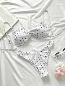 Elavelle Conjunto de bikini para mujer con estampado de lunares aleatorio, tirantes finos y corte alto sexy para el verano y la playa - Multicolor - Ver 6