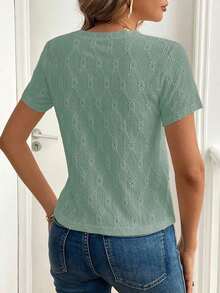 de mujer de manga corta, de cuello redondo, con bordado calado, de unicolor simple, para el verano - verde menta - Ver 2