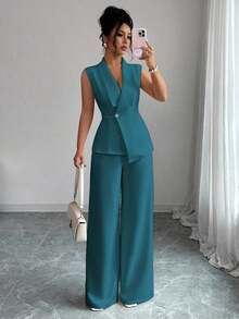 Conjunto de oficina elegante para mujer, compuesto por una chaqueta blazer sin mangas con cuello y bajo asimétrico, con hebilla metálica en la cintura, combinada con pantalones de cintura elástica.Conjunto de 2 piezas elegante para primavera/verano, atuendo formal y de clase para mujer. - Agua verde azul - Ver 8