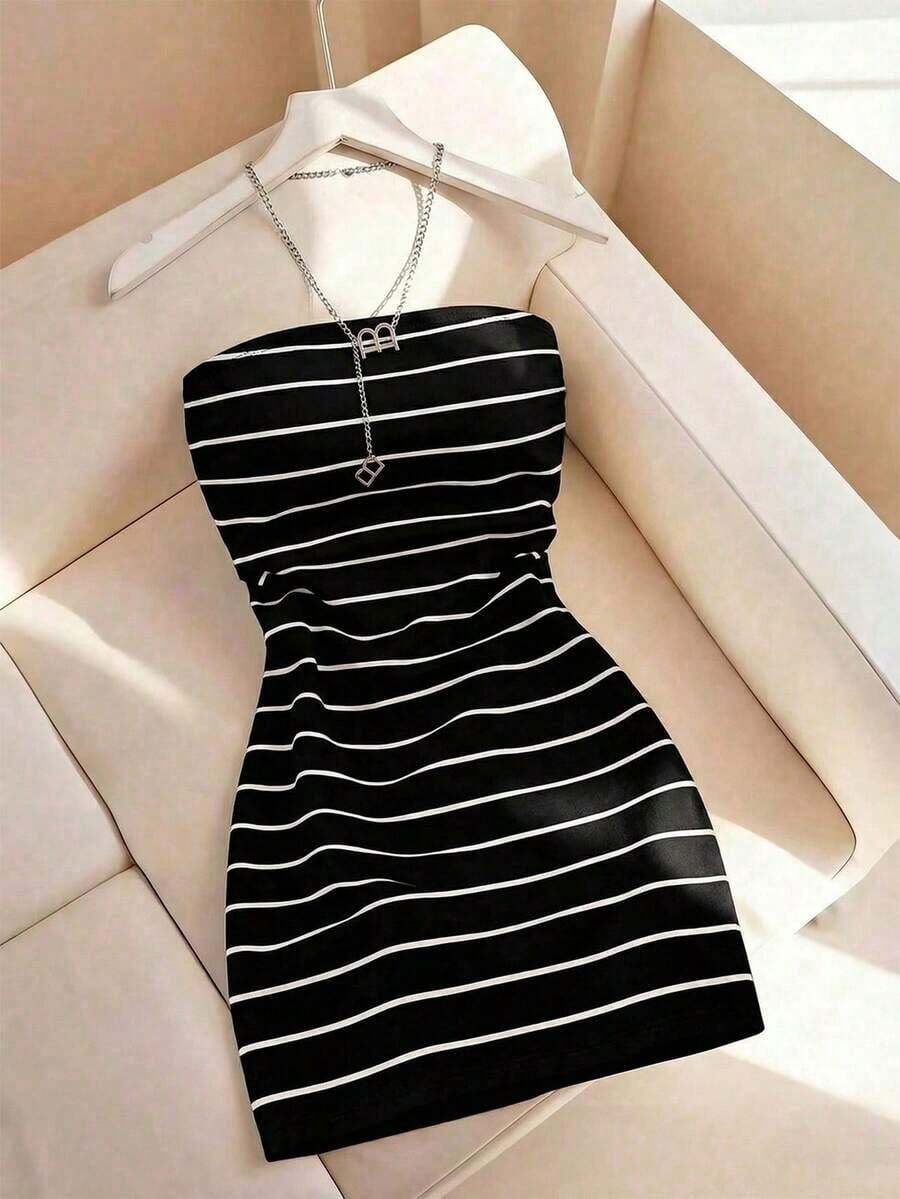 Vestido tubo ajustado de cuello redondo con estampado de rayas para mujer, primavera/verano - Multicolor - Ver 1