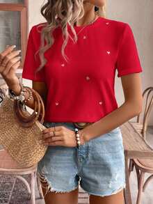 Frenchy Camiseta casual de manga corta para uso diario con corazón bordado en hilo dorado para mujer, camiseta de verano para mujeres con atuendo de fiesta de té de algodón, parte superior bordada, camiseta de algodón para mujeres.Tops de verano - Rojo - Ver 2