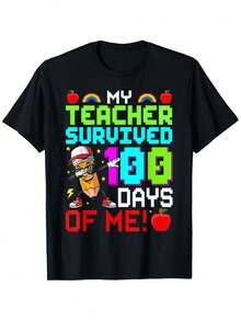 As A Teacher, I've Survived 100 Days Of School Fun. 100 Days T-Shirt For Men And Women. | Regular Casual Fit, Crew Neck, Printed Design, Suitable For All Seasons, Soft Black Unisex Fabric, Very Suitable For Adults. - 黑色 - 查看 1