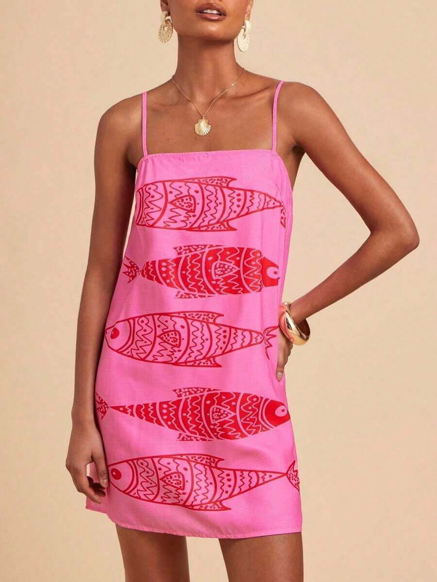 Spring/Summer Vacation Sleeveless Printed Chiffon Mini Dress For Women Vacation Dress,Boho Clothes Women,New Year, Beach Wedding Guest Outfits, Elegant Graduation,Casual Outfits - 多色 5 - 查看 1