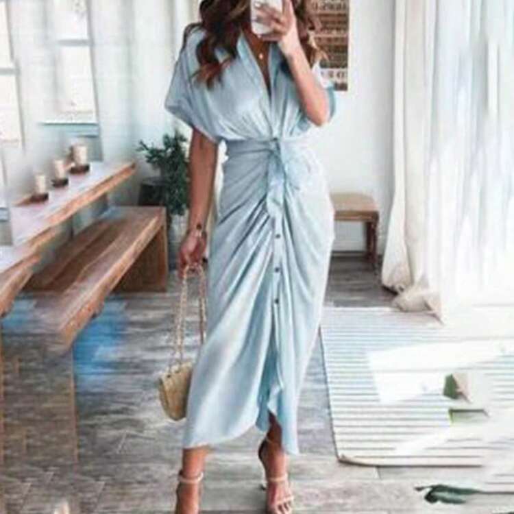 Elegant Women's Spring Shirt Dress, Sensual Print, With Adjustable Ties, Refined Style - Sky Blue - View 4