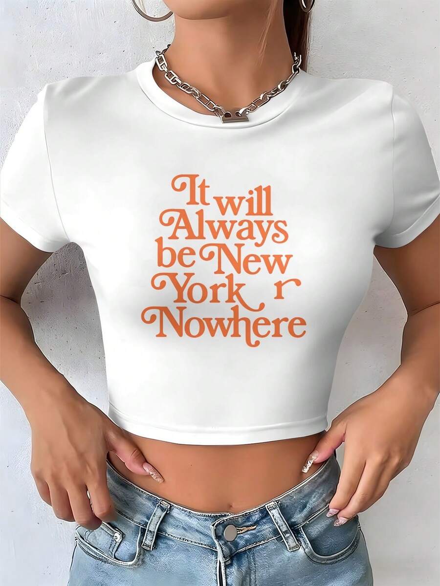 Women's Short T-Shirt It Will Always Be New York Or Nowhere Short Sleeve Cropped Top Suitable For Everyday Wear And Outdoor Activities, A Must-Have Item For Summer. (2) - 白色 - 查看 1
