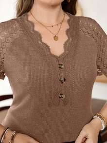 Lacomfia Women's Plus Size Lace Patch Knit T-Shirt, Spring/Summer - 橘色 - 查看 1