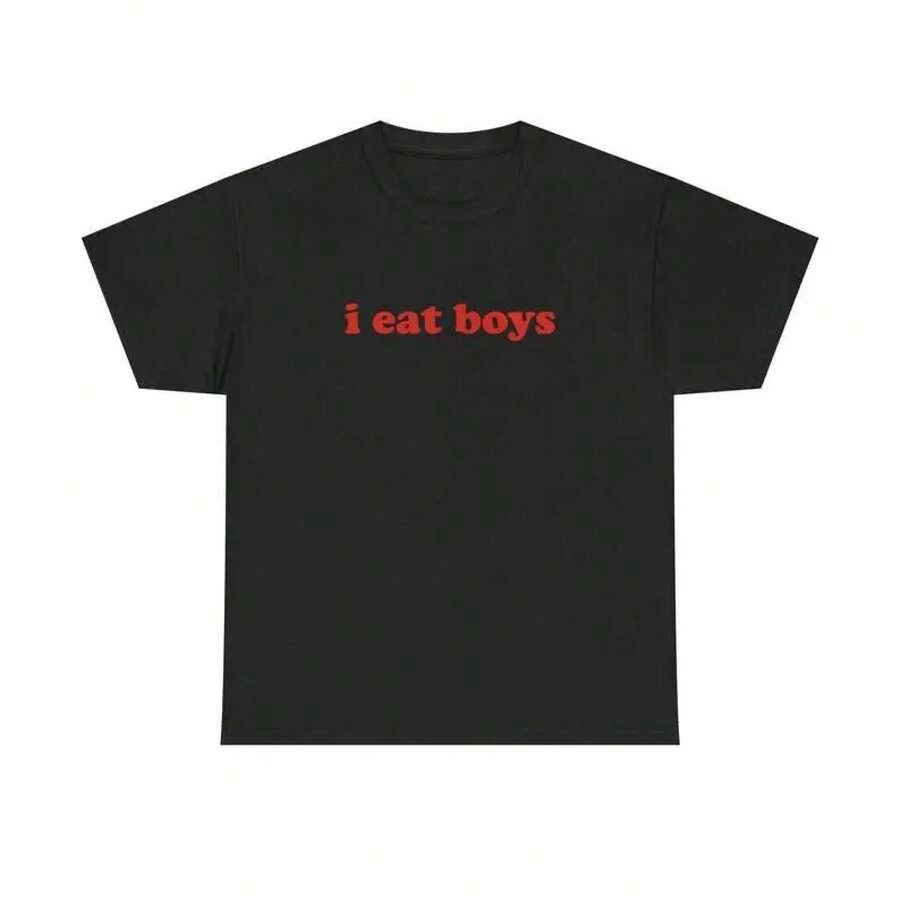 Camiseta Unisex "I Eat Boys" con Frase de Meme Y2K Divertida, Aleatoria, Sucia, para Adultos, con Chistes, Humor, Caótica, Descontrolada, Sarcástica, Viral, Atrevida, Camiseta Divertida para Adultos, Regalo para Mujer y Hombre, Estilo Veraniego - Negro - Ver 1
