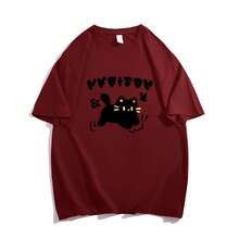 Women's Heavyweight Pure Cotton Green Short-Sleeved T-Shirt, Summer Style, Hong Kong Style, Loose Fit, Plus Size, Petite Size, American Urban Fashion Top. - 酒紅色 - 查看 1