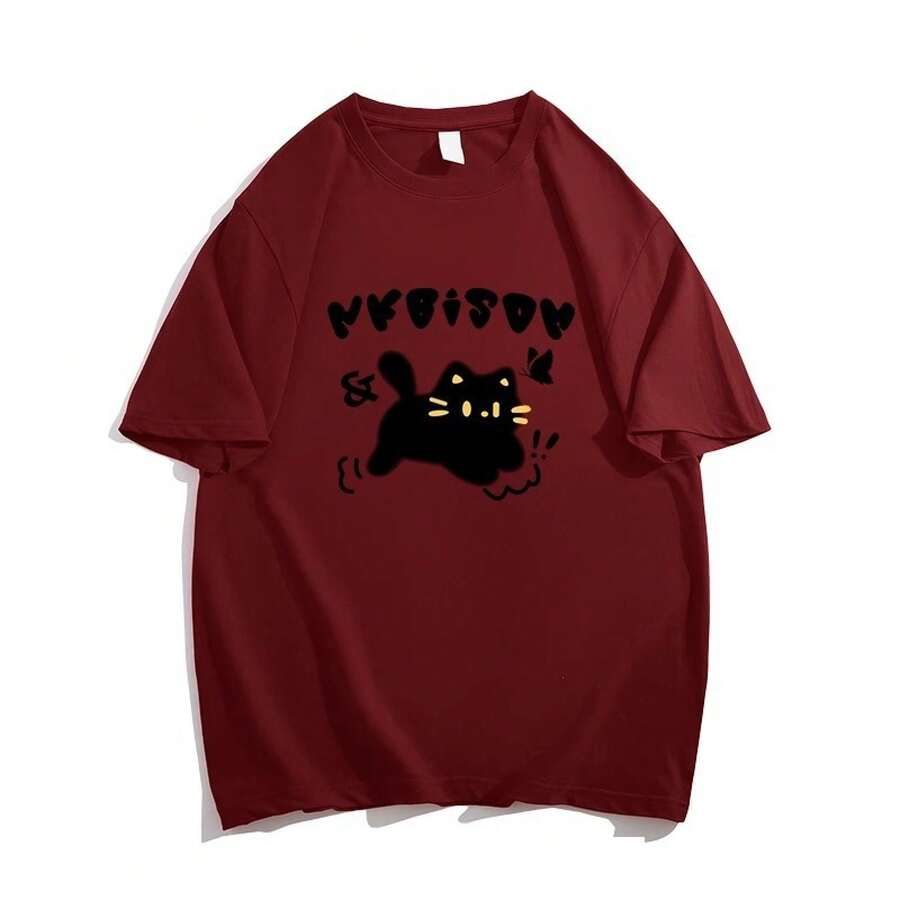 Women's Heavyweight Pure Cotton Green Short-Sleeved T-Shirt, Summer Style, Hong Kong Style, Loose Fit, Plus Size, Petite Size, American Urban Fashion Top. - 酒紅色 - 查看 1
