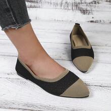 Sepatu Slip-On Wanita Berujung Lancip dengan Motif Garis-Garis Blok Warna yang Bernapas, Minimalis untuk Pakaian Sehari-hari, Sepatu Loafer Rajut Hitam & Khaki, Cocok untuk Semua Musim - Hitam - View 3