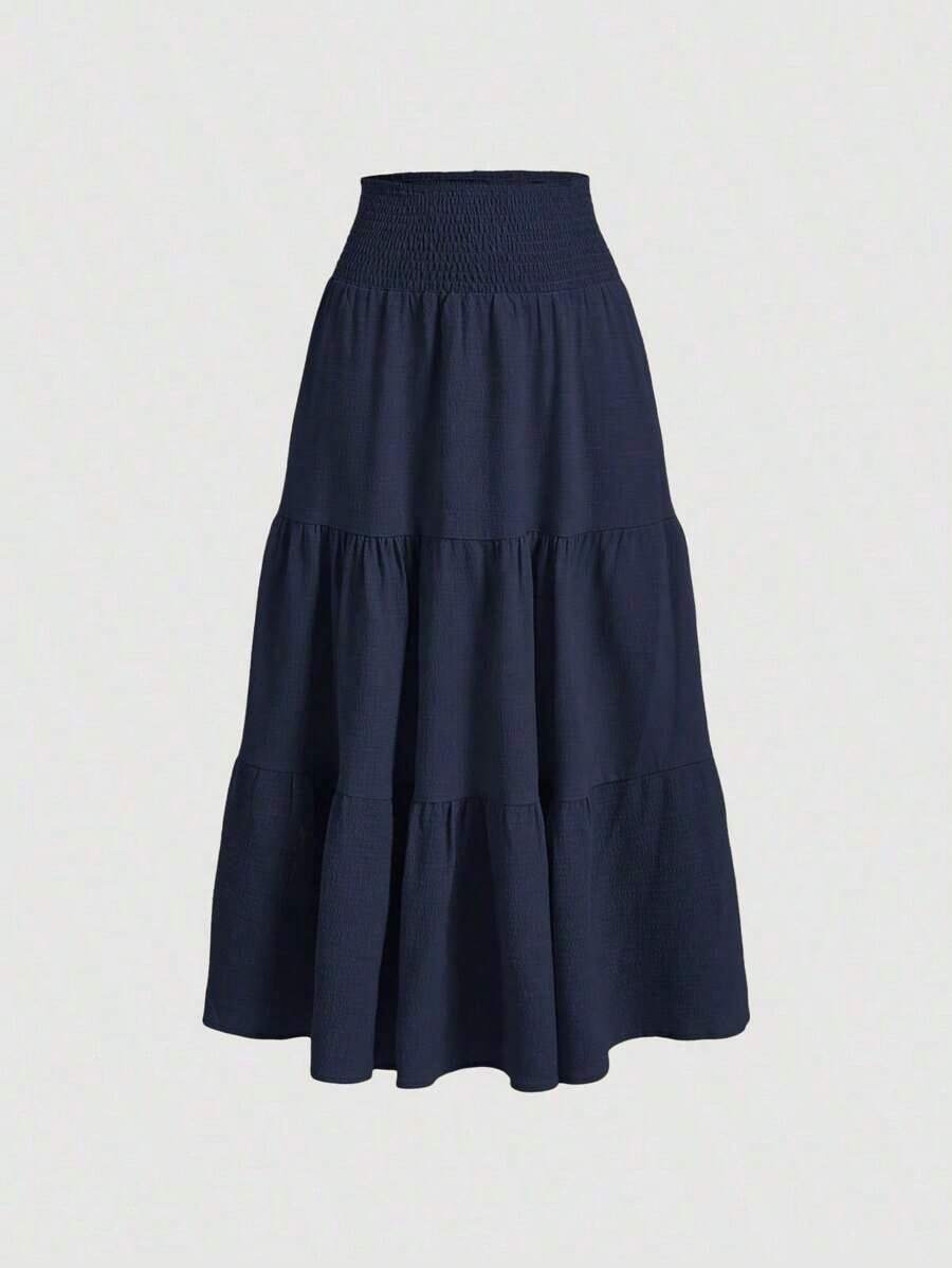 MOD Minimalist A-Line Skirt With Pleats And Drawstring In A Solid Color, For Casual Everyday Wear - Azul Marino - View 1