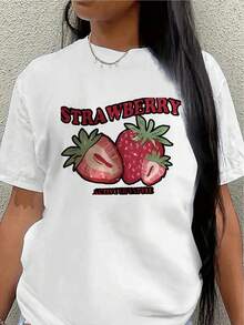 Camiseta de manga corta de poliéster, diseño con estampado de fresas, ligera y duradera, adecuada para uso casual en casa o en una cafetería, cómoda y ajustada para el uso diario, con un patrón de frutas rojas y verdes brillantes y vibrantes.women's shirts - Blanco - Ver 7