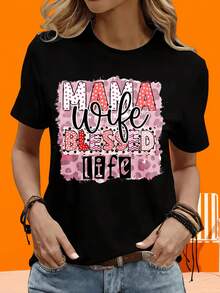 GraphicLadies Short-Sleeved T-Shirt For Leisure, Outdoor Activities, And Lounging At Home, 220g, Featuring A Pink Polka Dot Design And A "Mama Wife Life" Print For Mothers And Wives. A Perfect Gift For Leisure, Outdoor Activities, Holidays, And Parties. - 黑色 - 查看 5