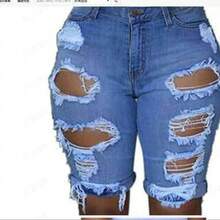 Shorts de mezclilla rasgados de cintura alta a la moda para mujer - Blanco - Ver 2