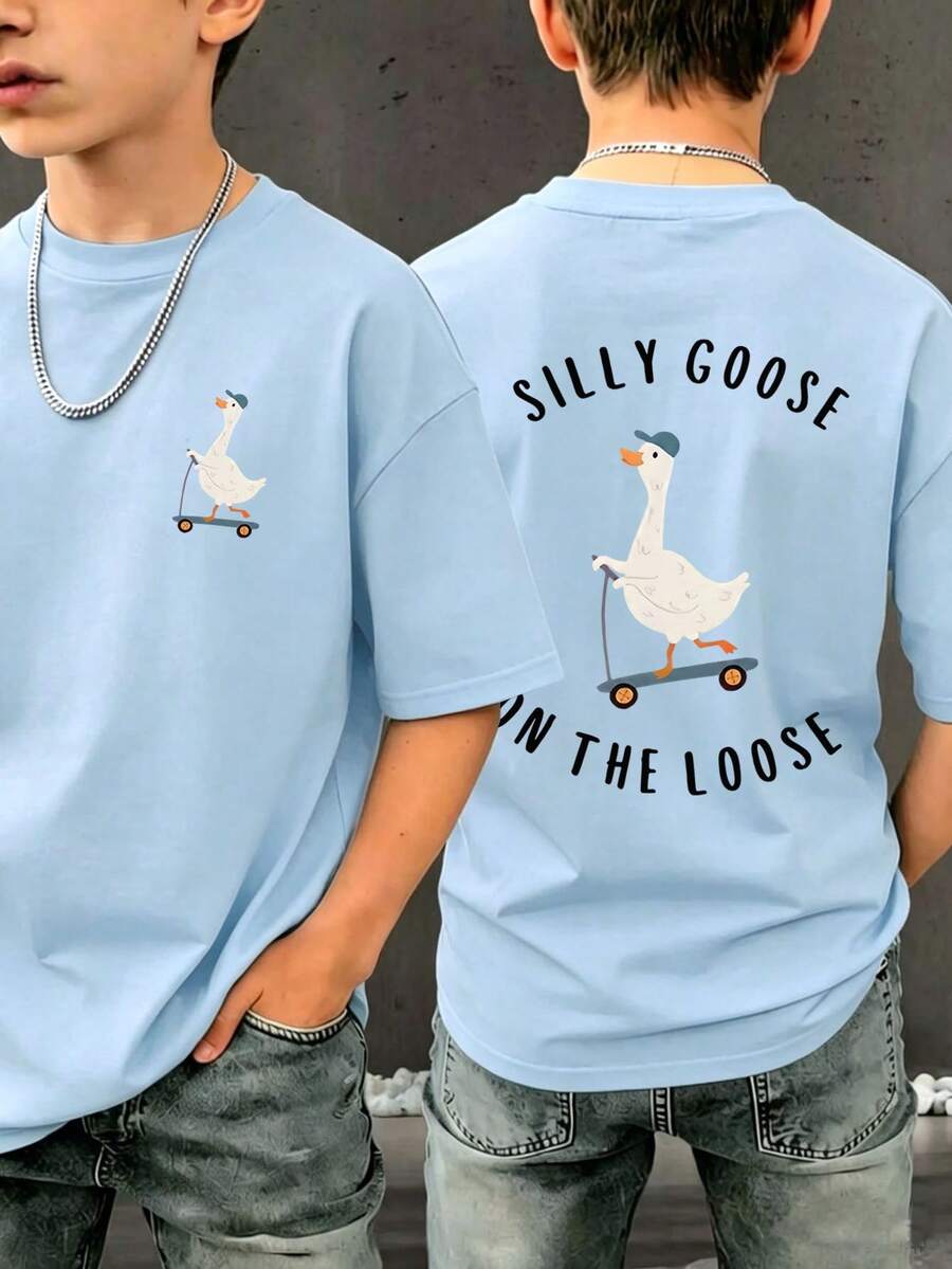 Tween Boy Casual Graphic Print Crew Neck Short Sleeve T-Shirt, Summer Top - Baby Blue - View 1