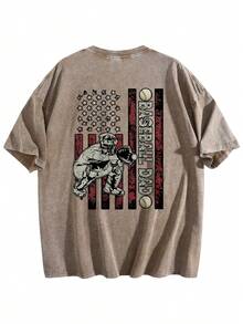 Baseball Dad USA Flag Catcher Washed Pink Graphic Tee,Men's & Women's Vintage Washed 230gsm Heavyweight T-Shirt, Soft Crew Neck Short Sleeve Tee With Retro Graphic & Letter Print, Casual Summer Breathable Layerable Top - 咖啡 - 查看 1