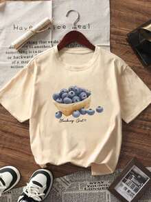 Under The Radar Blueberry Print Crew Neck Short Sleeve T-Shirt, New Arrival Women's Versatile Casual Top For Summer - Vintage Street Style Unisex Loose Cotton Short Sleeve Crew Neck T-Shirt - 杏色 - 查看 2