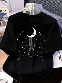 Women's Elegant Short-Sleeve Crew Neck T-Shirt With "Hanging Star And Moon" Print - Letter Print, Soft Fabric, Versatile Casual Top For Spring And Summer, Machine Washable, Fashionable Letter Print, Comfortable Fit, Suitable For - 黑色 - 查看 6