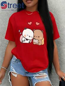Women's Casual Short-Sleeve T-Shirt, Ideal For Summer Vacations, Featuring Panda And Brown Bear Appliqués And A Heart Design. A New Fashion  For Women In 2026. Soft And Cute, With A Relaxed Style And Loose Short Sleeves. Simple, Elegant, Versatile, Fashionable, Comfortable, And A Great Casual Sports Top. Made Of Soft, Machine-Washable Fabric, Perfect For Spring And Summer. Suitable For Outdoor Activities And Everyday Wear. - 紅色 - 查看 12