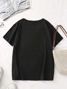 Women's Casual Short Sleeve T-Shirt With Fun Alien Print, Woven Polyester Blend Fabric, Versatile Stretch T-Shirt For All Seasons, Sports Top, Women's Gym T-Shirt 2026, Pilates Shirts 2026, Women's Sportswear, Women's Sports T-Shirt. Suitable For Spring, Summer And Autumn - 黑色 - 查看 4