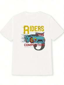 Camiseta Blanca de Cuello Redondo para Mujer con Estampado de Coche Deportivo Azul Vibrante - Diseño Gráfico "RIDERS' RALLY", Amarillo y Negro, Manga Corta Casual para Primavera y Verano, Mezcla de Poliéster, Lavable a Máquina, Ropa Casual |   Camiseta con Diseño Gráfico Atrevido |   Ropa Casual Eleganteblusas para mujer>ropa - Blanco - Ver 3