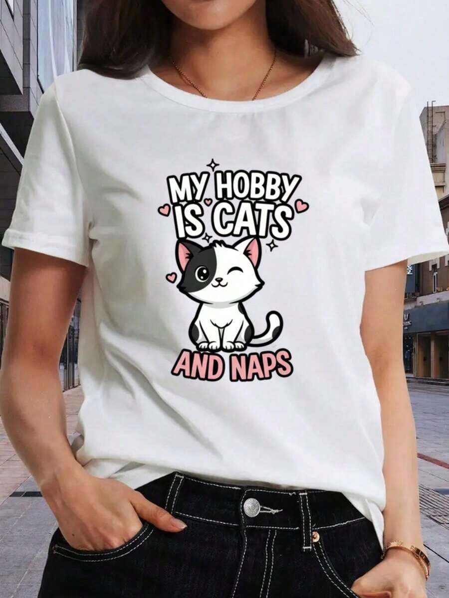 ropa de mujer Camisa Casual para Mujer con Estampado de Gatito y Corazón de Dibujos Animados, Lavable, Adecuada para Todas las Temporadas, Top Casual, Atuendo Casual Cómodo, Ropa a la Moda, Cómoda y Ajustada, Tela Transpirable, Top para Mujer. Cotton 53QC camisas de mujer - Blanco - Ver 1