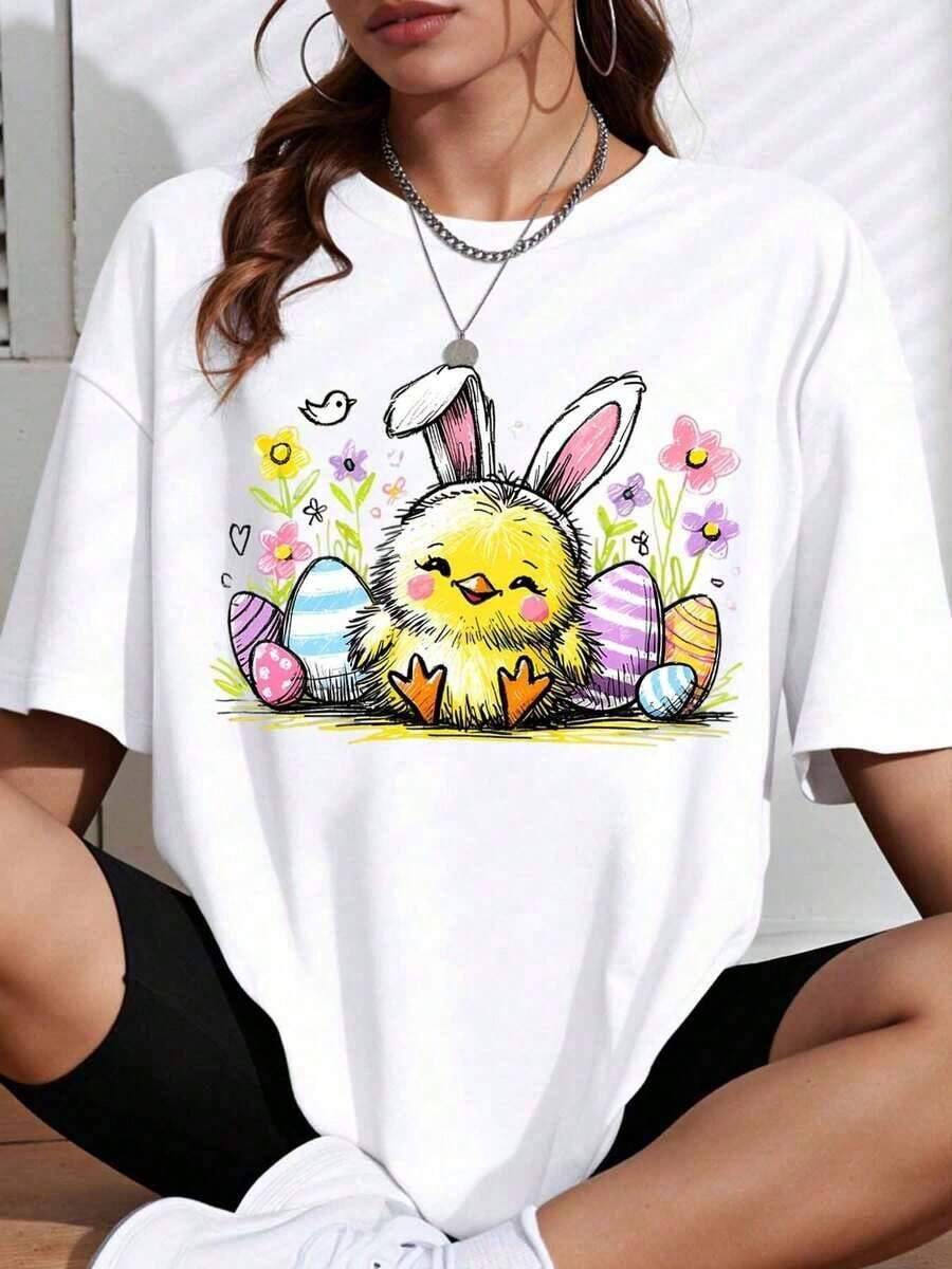 ropa de mujer Camiseta linda de pollito y conejito de Pascua con estampado de huevos de Pascua y flores para la celebración de las vacaciones de primavera camisas de mujer - Blanco - Ver 1