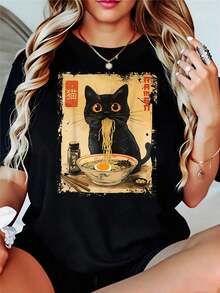 Camiseta de Estilo Casual para Mujer, de Algodón, Cuello Redondo, Diseño de Gato Negro Comiendo Ramen, Estampado Artístico Vintage, Moda Urbana, Gráfico Divertido y Caprichoso para Uso Diari - Negro - Ver 6