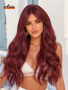 Wig Keriting Panjang Merah 28 Inci dengan Poni, Wig Sintetis Tahan Panas, Cocok untuk Pemakaian Sehari-hari, Cosplay, Pesta, Natal, Mode Musim Dingin, dan Acara Lainnya - Red Violet - View 2