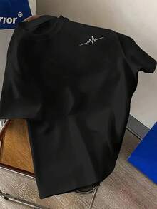 Men's Size T-Shirt, Simple And Elegant, Short Sleeve T-Shirt With ECG Print On The Chest Line, Comfortable Casual Summer T-Shirt - 黑色 - 查看 6