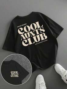 Women's Plus Size Loose Fit T-Shirt With "Cool Aunts Club" Letter Print, Mother's Day Gift, Teacher's Day Gift, Summer Casual Back To School Season - 黑色 - 查看 8