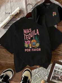 Mother's Day Mama Bear Print T-Shirt, Fashionable Letter Print, Crew Neck, Double-Sided Print, Short Sleeve, Casual Crew Neck T-Shirt, Breathable And Machine Washable Fabric, Suitable For All Seasons, Easy Care Garment, Versatile Clothing, Comfortable Material, Made Of Elastic Polyester Fiber - Unisex Loose Cotton Short Sleeve Crew Neck T-Shirt. - 黑色 - 查看 1