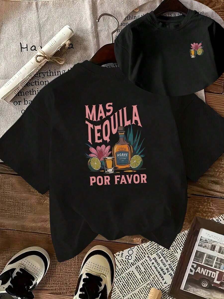 Mother's Day Mama Bear Print T-Shirt, Fashionable Letter Print, Crew Neck, Double-Sided Print, Short Sleeve, Casual Crew Neck T-Shirt, Breathable And Machine Washable Fabric, Suitable For All Seasons, Easy Care Garment, Versatile Clothing, Comfortable Material, Made Of Elastic Polyester Fiber - Unisex Loose Cotton Short Sleeve Crew Neck T-Shirt. - 黑色 - 查看 1