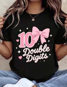 Coquette Bow Pink T-Shirt For Girls, Size 10, 100% High-Quality Cotton. Butterfly Print. Unisex Sizes. Inspirational Crew Neck T-Shirt. Cute And Beautiful Summer Top Inspired By Y2K Style, Perfect For Outdoor Activities, At Home, At Work, Or For Street Style. Casual, Loose-Fitting T-Shirt For Everyday Wear. - 黑色 - 查看 1