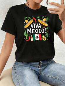 This Printed T-Shirt Features The Phrase "Viva México" Surrounded By Cacti, Colorful Mexican Sombreros, Chili Peppers, Avocados, And The Mexican Flag, Symbolizing Pride, Joy, And Positive Energy, And Perfectly Expressing Love For Mexico. Women's T-Shirt, 100% Cotton. Comfortable Clothing. - 黑色 - 查看 7