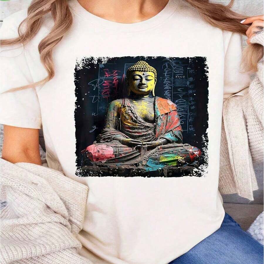Camiseta Casual para Mujer con Estampado Moderno |   Cómodo, de manga corta, tela para todas las estaciones, lavable a máquina, adecuado para varias vacaciones, cuello redondo, diseño geométrico, ligeramente elástico. - Verde - Ver 1