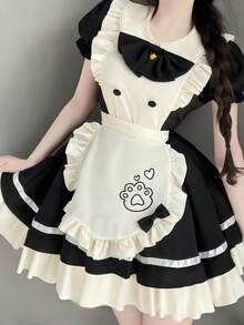 1PC Japanese Anime Lolita Cute Soft Girl Cat Maid Restaurant Dress Costume Black Fall - Black - View 4